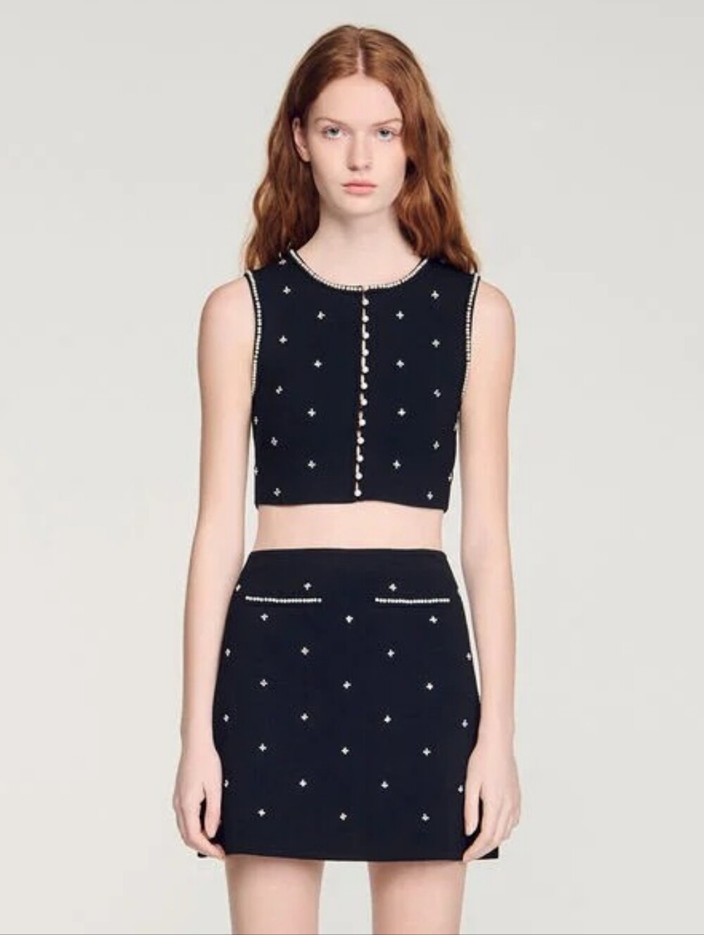 Sandro Jeweled Embroidered Knit Crop Top & Skirt Set US SIZE SMALL